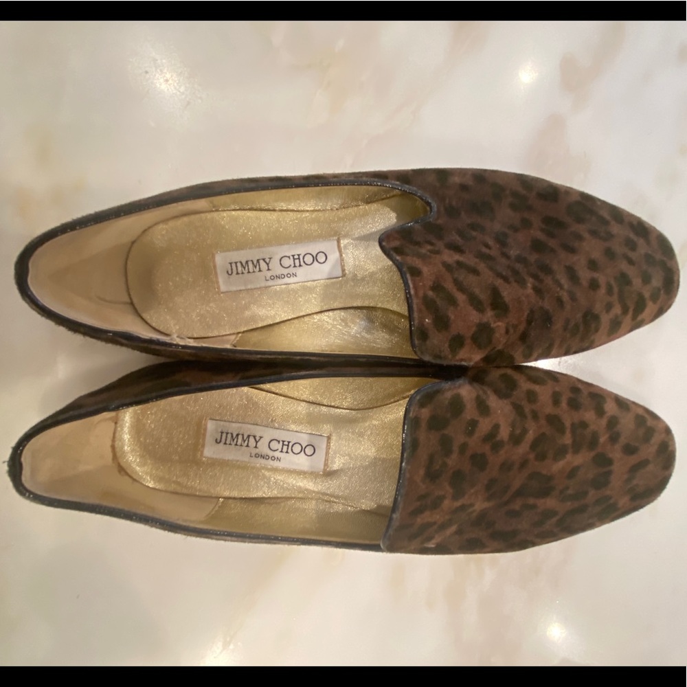 Jimmy Choo suede leopard print loafers.